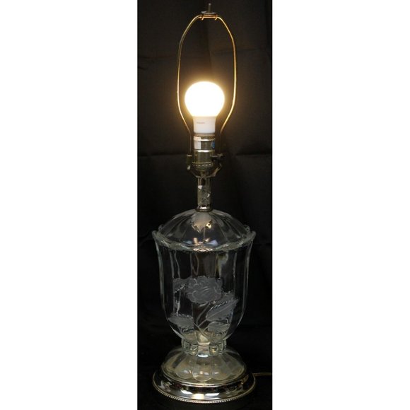 Vtg Frosted Glass Roses Clear Glass 25" Table Lamp No Shade - Picture 7 of 11